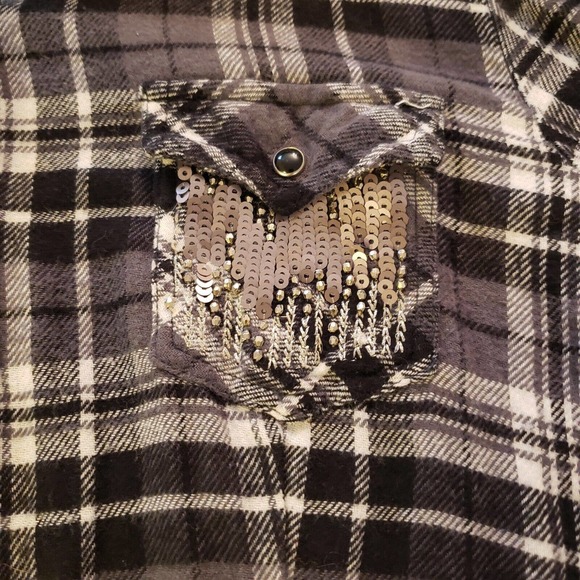 Stetson Womens Long Sleeve Pearl Snap Plaid Flannel Black White Sequins Size M - Picture 3 of 12
